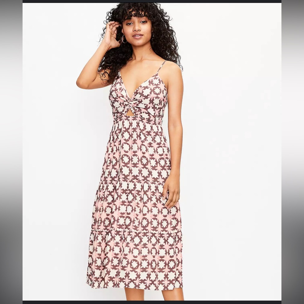 LOFT Sunwashed Floral Twist Tiered Midi Dress, Size 8 100% viscose